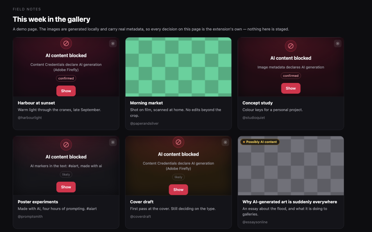 A page of image cards. Four are covered by a warning naming the signal that fired — Content Credentials, image metadata, text markers — one clean film photograph is untouched, and an essay about AI carries a small “possibly AI content” chip instead of being hidden.